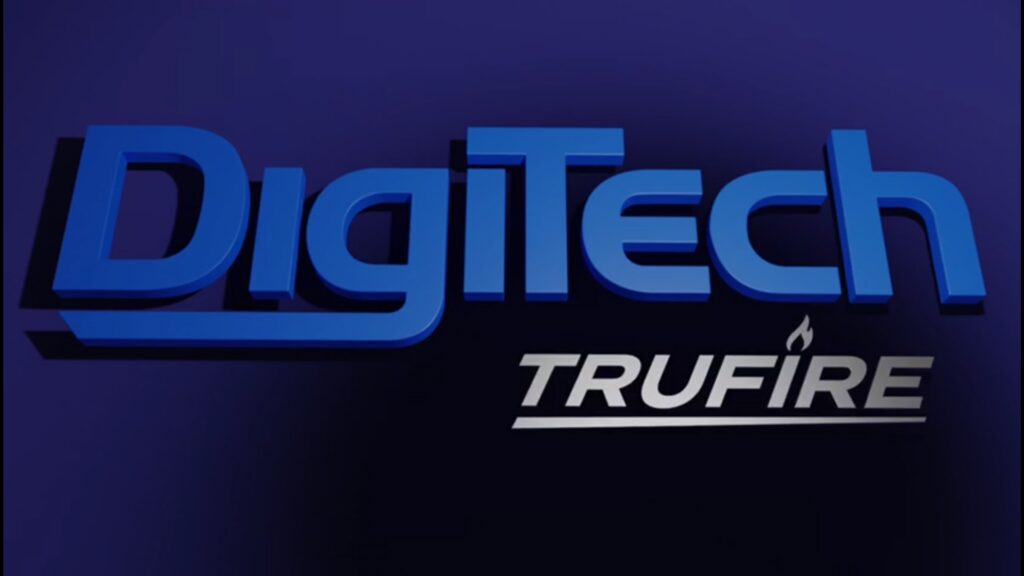 A blue sign that says digitech trufit.