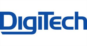 A blue and white logo of digitech